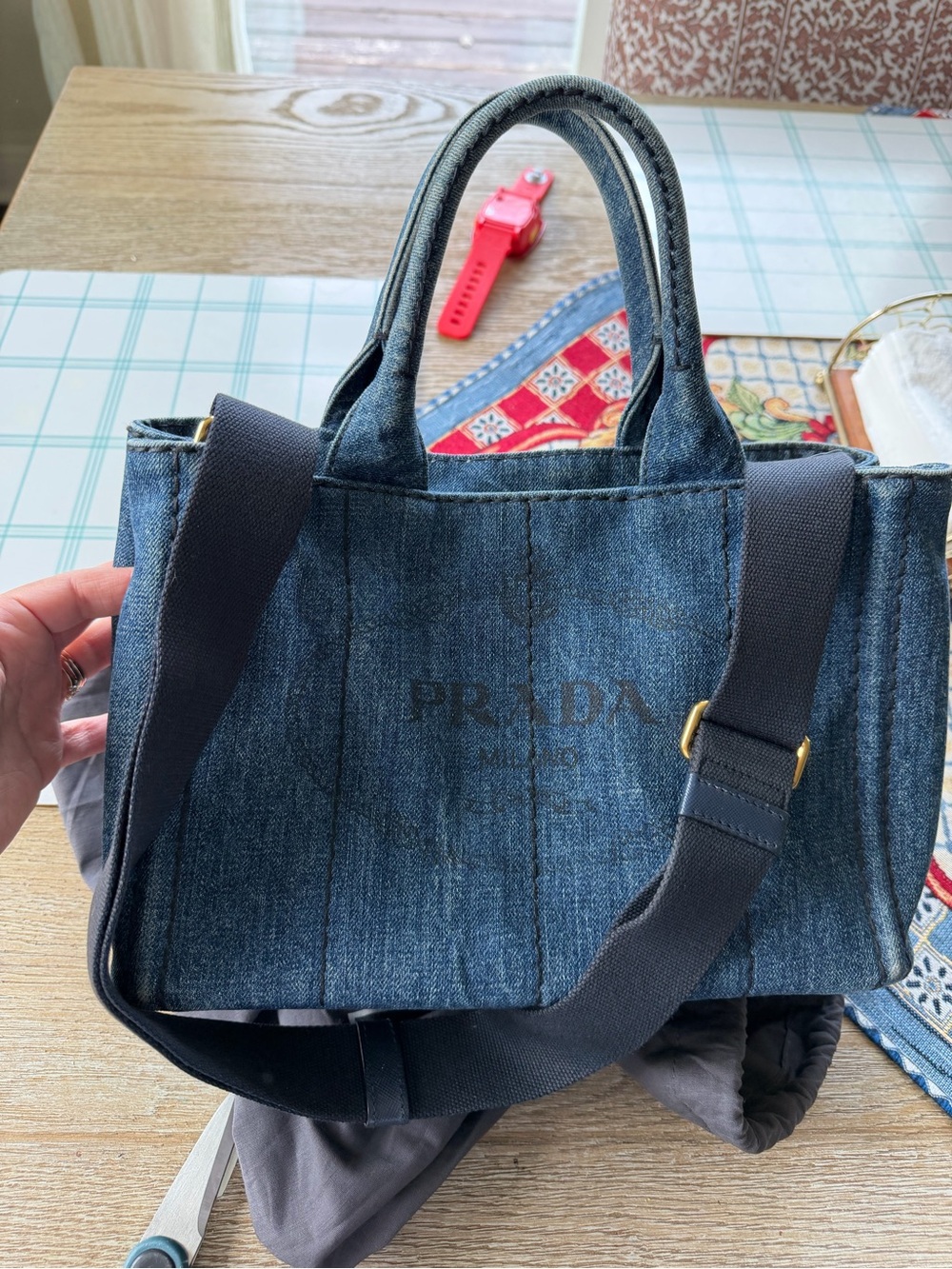 Prada Denim Tote in Dark Blue with Black Strap